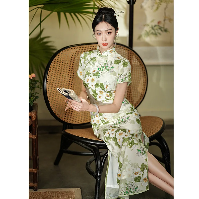 Improved Young Girl Cheongsam Qipao High Quality Real Silk Dress Crepe De Chine Chinese Retro Silk Stand Collar Dress