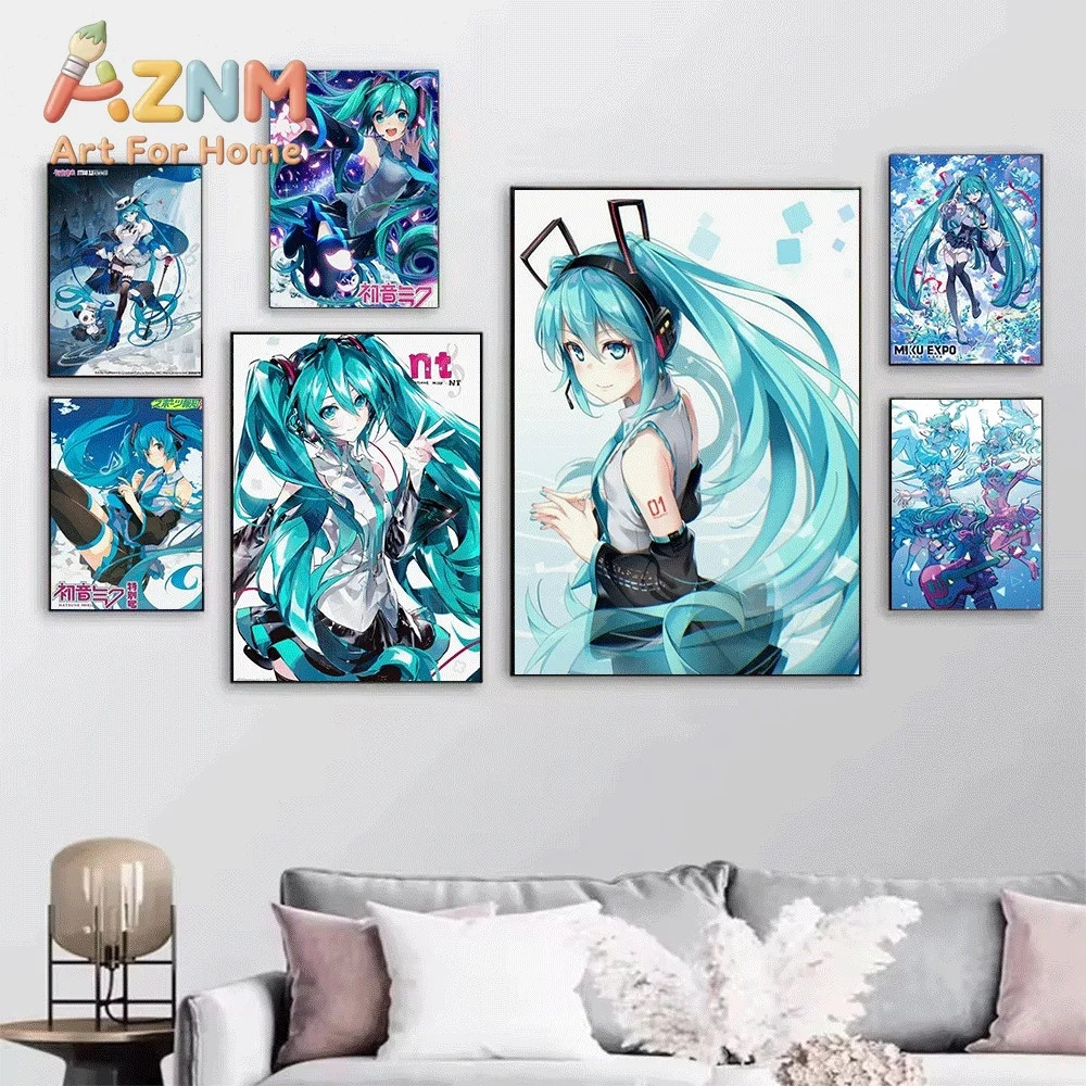 Hatsune Miku Fantasy Piano School Uniform Concert Collage Canvas Painting Unframed Anime Vocaloid Wall Art Poster for Bedroom
