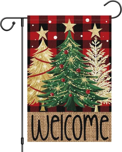 Welcome Christmas Garden Flag 12x18 Inch Double Sided Burlap, Christmas Tree Red 705353725814 YYZ