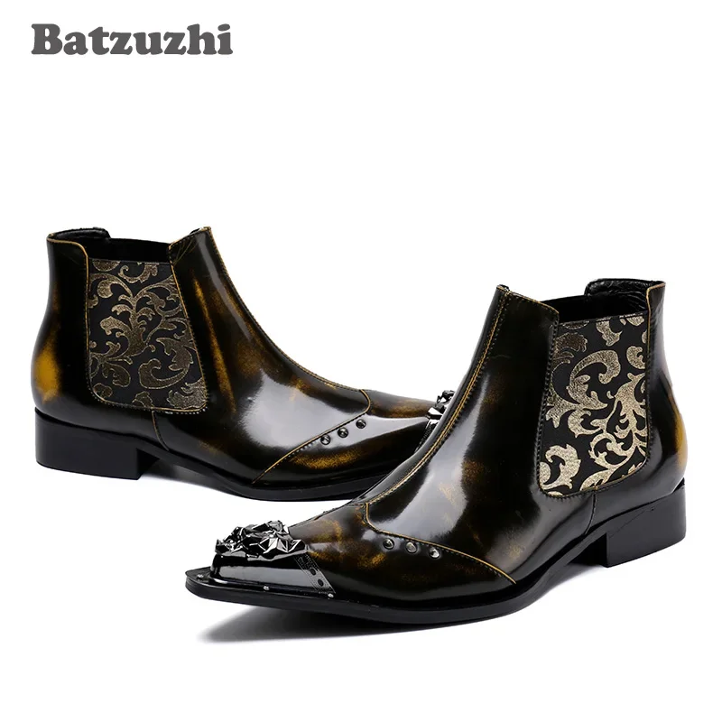 

Batzuzhi Men Leather Boots Ankle Italian Handmade Point Iron Toe Fashion Motocycle Boots Men Brown Botas Hombre, 38-46