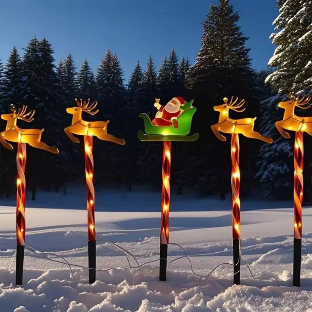 5PCs/Set Christmas Solar Powered Garden Candy Lights,8-Modes Outdoor Waterproof Decorative Lights, Santa Reindeer Design