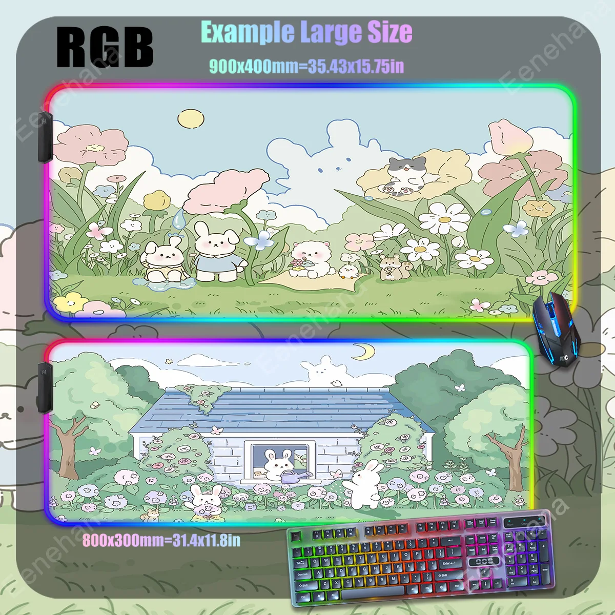 RGB große Hintergrund beleuchtung Mouse pad HD Gaming Kawaii Hase xxl niedlichen Pflanzen Pad LED Verriegelung kante für Teen Mädchen Laptop Schlafzimmer Schreibtisch matte