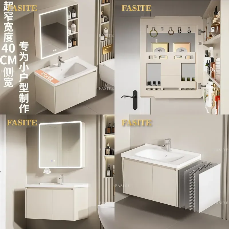 For Small Apartment 40cm Simple Cream Style Honeycomb Aluminum Bathroom Cabinet with Ceramic Integrated Hand Wash Basin Space