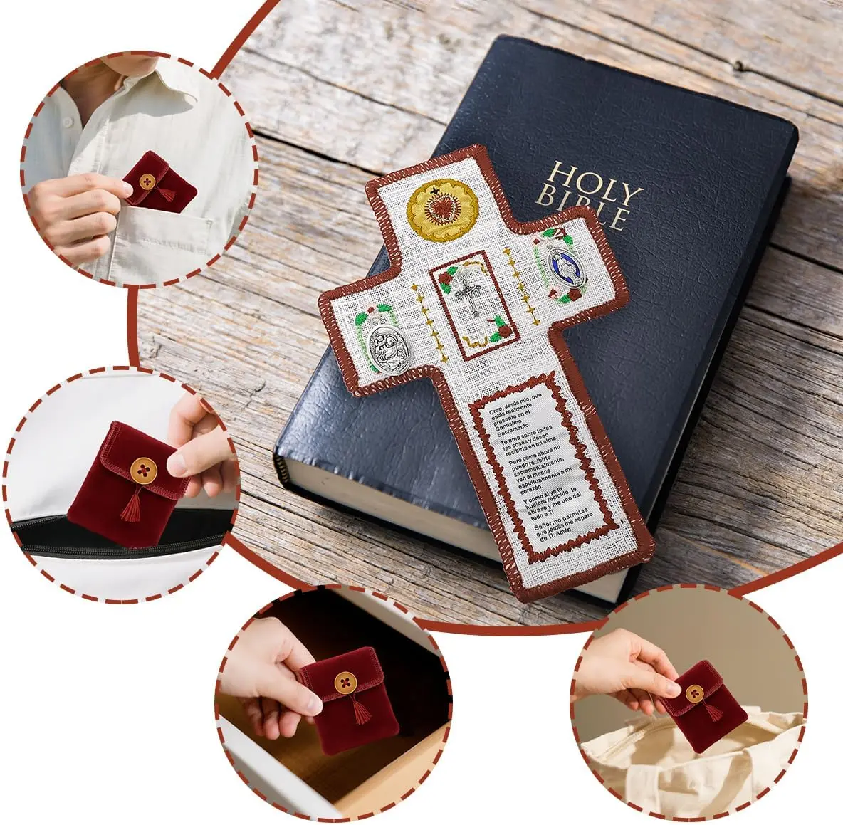 Christian Embroidered Cloth Scripture Prayer Quilt  with Religious Medals, Handmade Portable Catholic Devotional Rosary Pouch