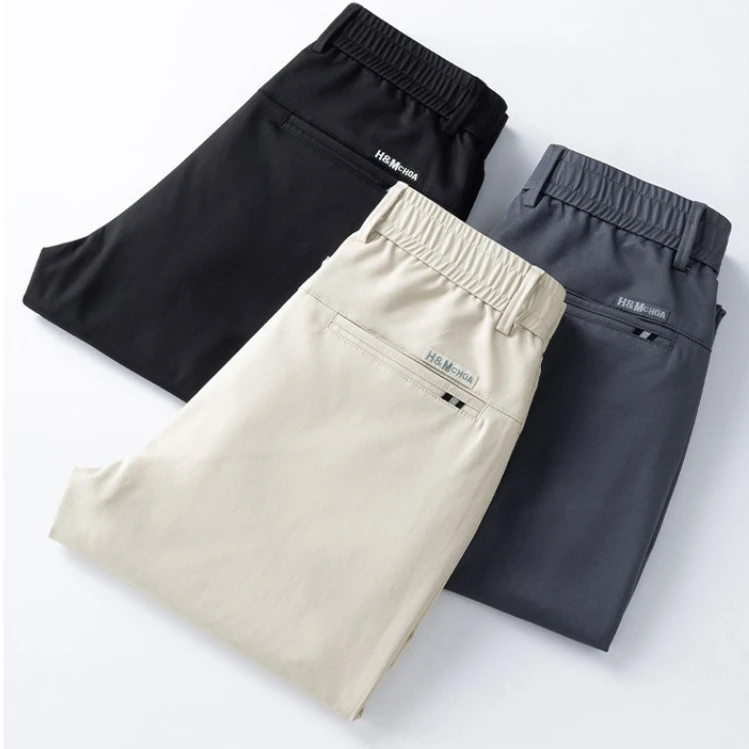 Pantalones Casuales de Verano para Hombre, Tela Twill, Cintura Elástica, Corte Slim Recto, Color Caqui, Pantalones Chino de Trabajo, Ropa de Marca Masculina