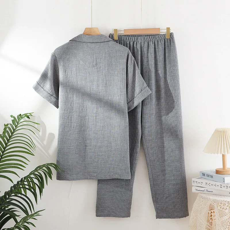 2026 New Spring/Summer Men's Pajama Set 100% Cotton Thin Short Sleeve Pants Large Size Checkered Home Furnishing Set