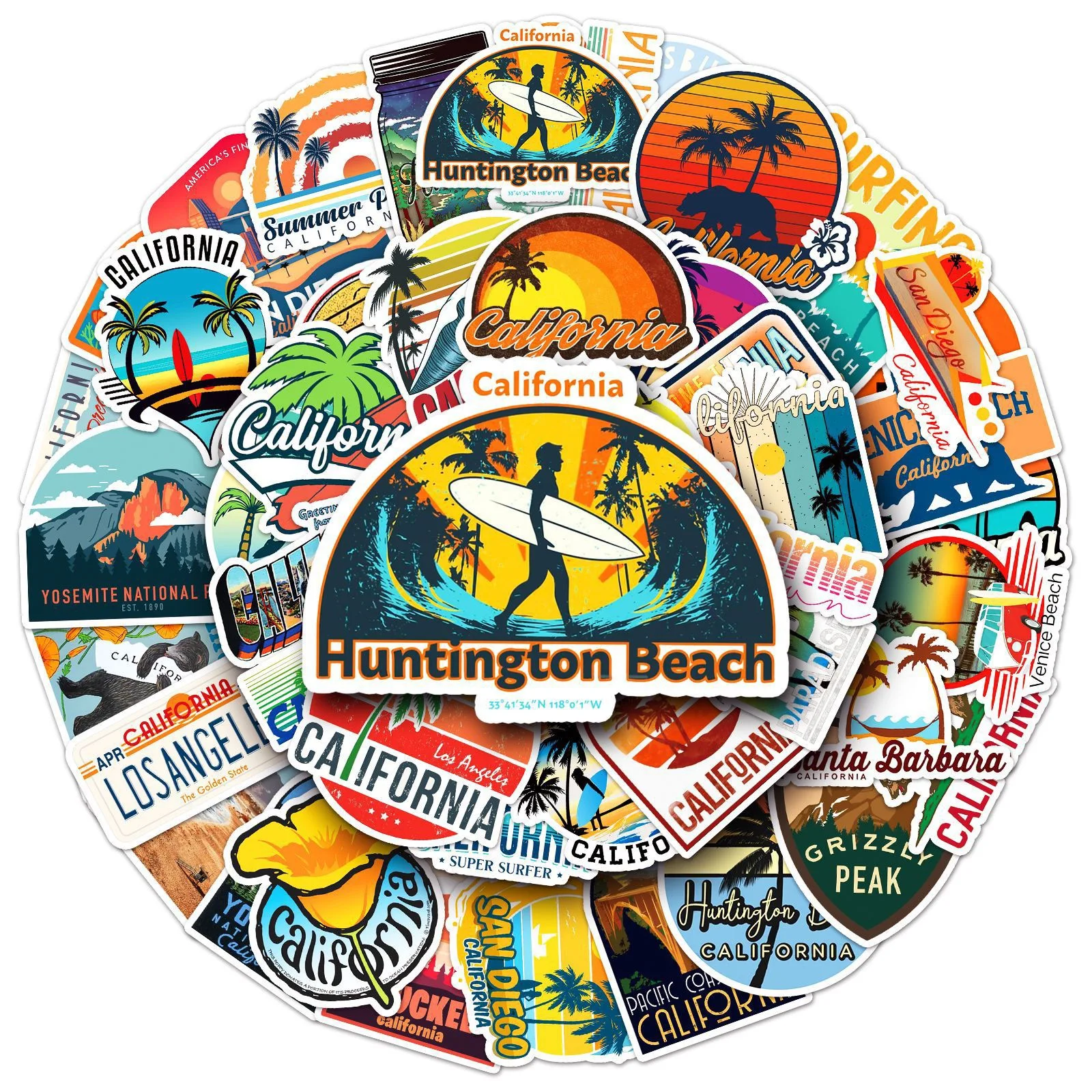 10/50pcs Cool California Summer Surfing Stickers Tropical Beach Surf Decals Travel Luggage Surfboard Water Bottle Sticker Toy