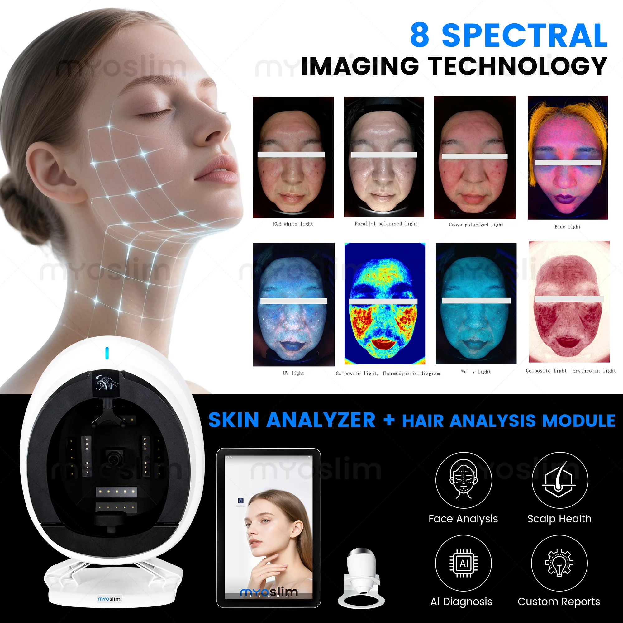 Analyseur de peau 3D AI AISIA Q1, détection des problèmes de peau, diagnostic, analyse professionnelle à 8 spectres, équipement de salon de beauté