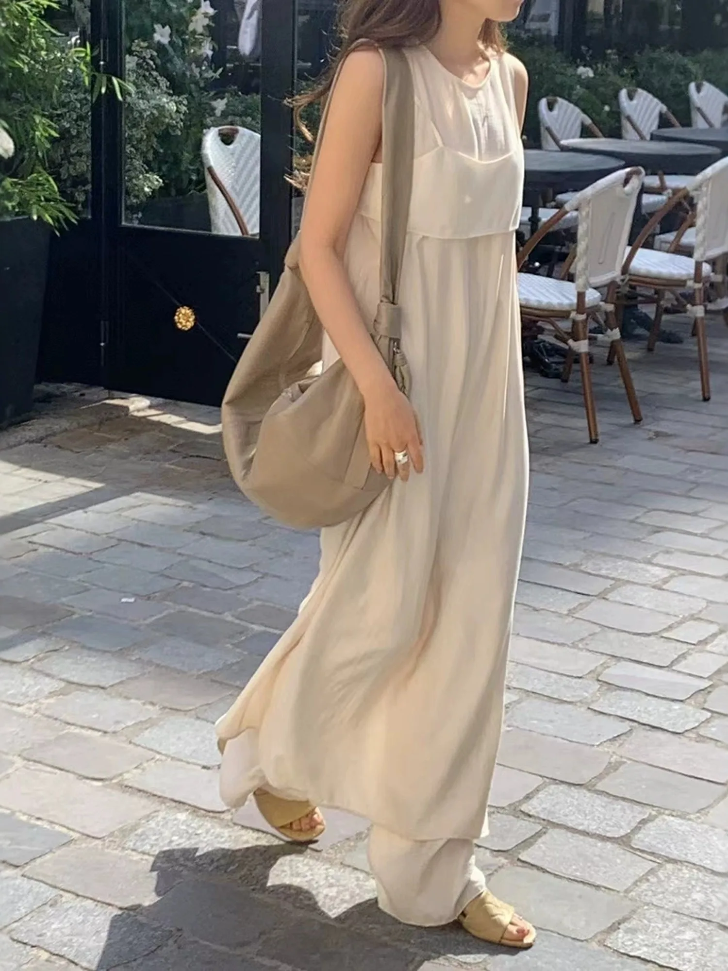 

Laid-ba Sle Loose Draped Vest Dr Women's Summer New Simple Elegance ort Layered Wear Tank Top Two-piece Set round Ne