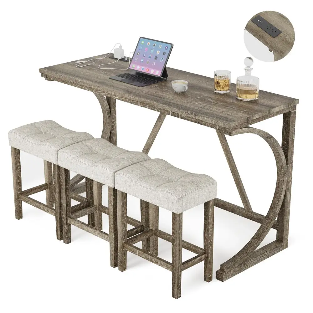 

4Piece Counter High Bar Table Set with Socket and 3 Fabric Padded Bar Stools, Tall Kitchen Breakfast Nook with Stool 13 Natural