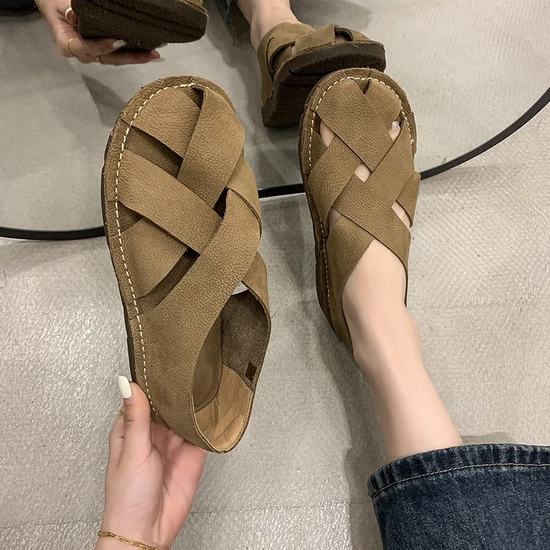 

New Retro Woven Flat Sandals for Women Summer Hollow Breathable Roman Shoes One-step Soft-soled Casual Flat Shoes Zapatilla