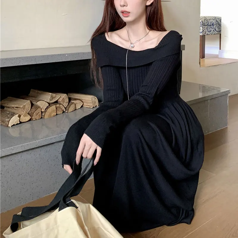 Slash Neck Elegant Long Dress Female Clothing Knitted Solid Color 2024 Autumn Basic Aura Long Sleeve Casual A-Line Waist Dresses