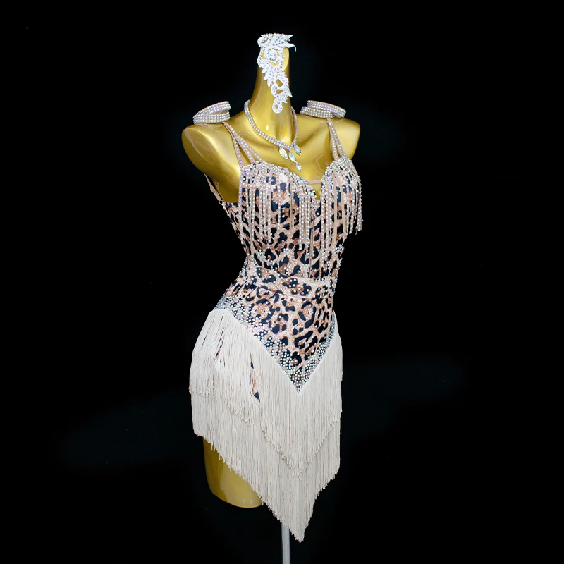 فستان رقص لاتيني للنساء مخصص بشراشيب مطبوعة بطبعة الفهد ملابس المنافسة المهنية فساتين أداء التانغو السامبا