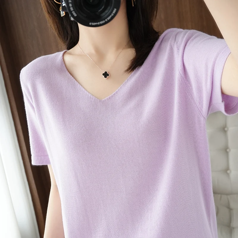 V-neck loose thin pure cotton jersey spring new women's blouse summer short-sleeved T-shirt bottom shirt to wear