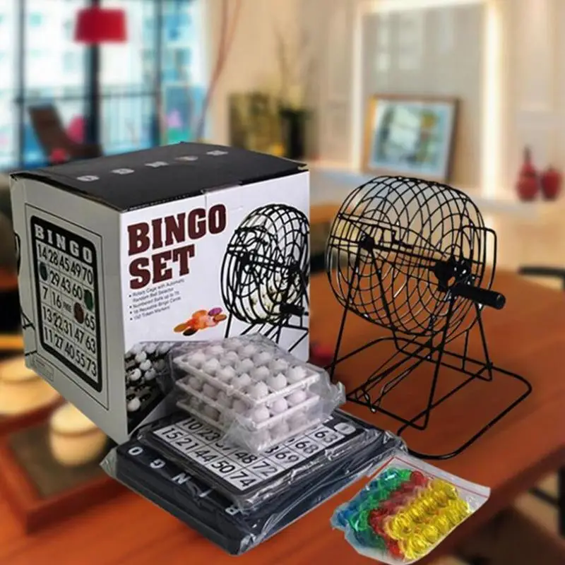 Deluxe Bingo Set Includes Bingo Cage 18 Mixed Cards 75 Calling Balls Color Chips For Indoor Outdoor Table Game Party Supplies