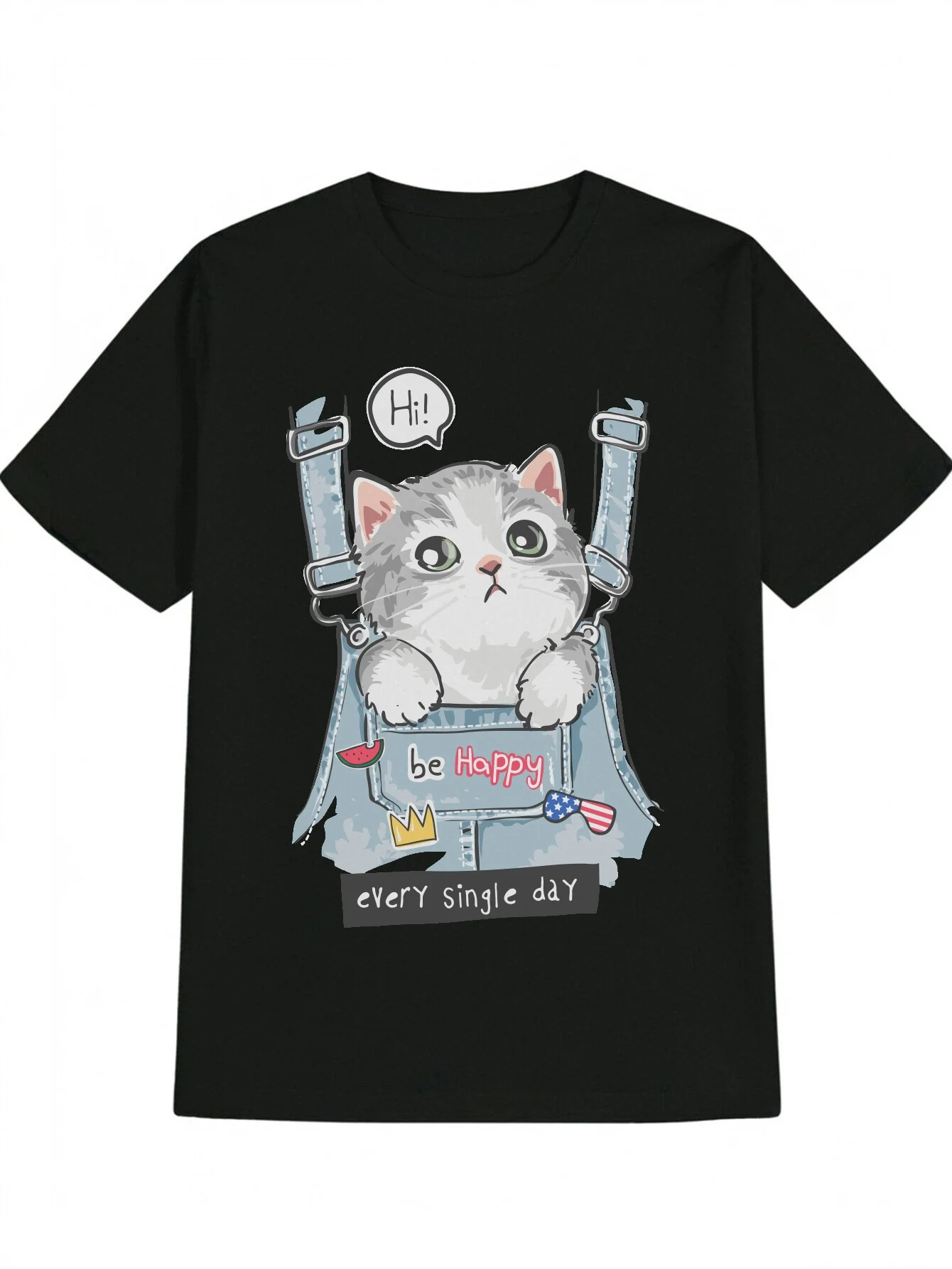 

Men's Casual Graphic Cotton T-Shirt with Gray Cat Pink Ears Print Hi Be Happy Every Single Day Design Black Round Neck Tee