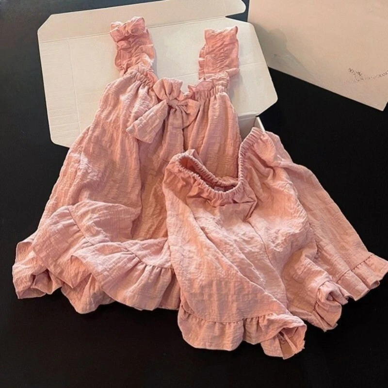 

Girls Summer Spaghetti Strap Pajamas Set with Bow Korean Style Cute Princess Simple Loungewear