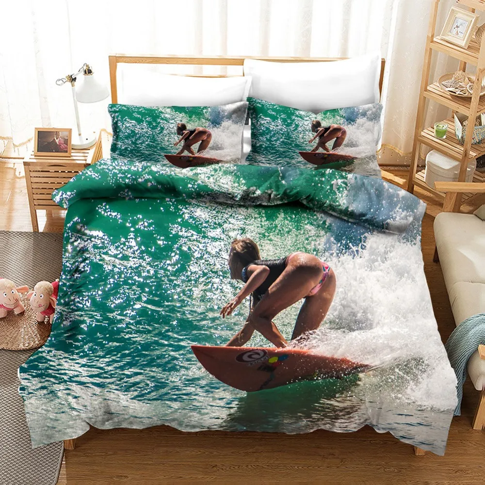 

Bikini Surfing Bedding Set Hawaiian Style Fresh Duvet Cover Coconut Tree Single Twin Double Queen King Unique Design Bedclothes