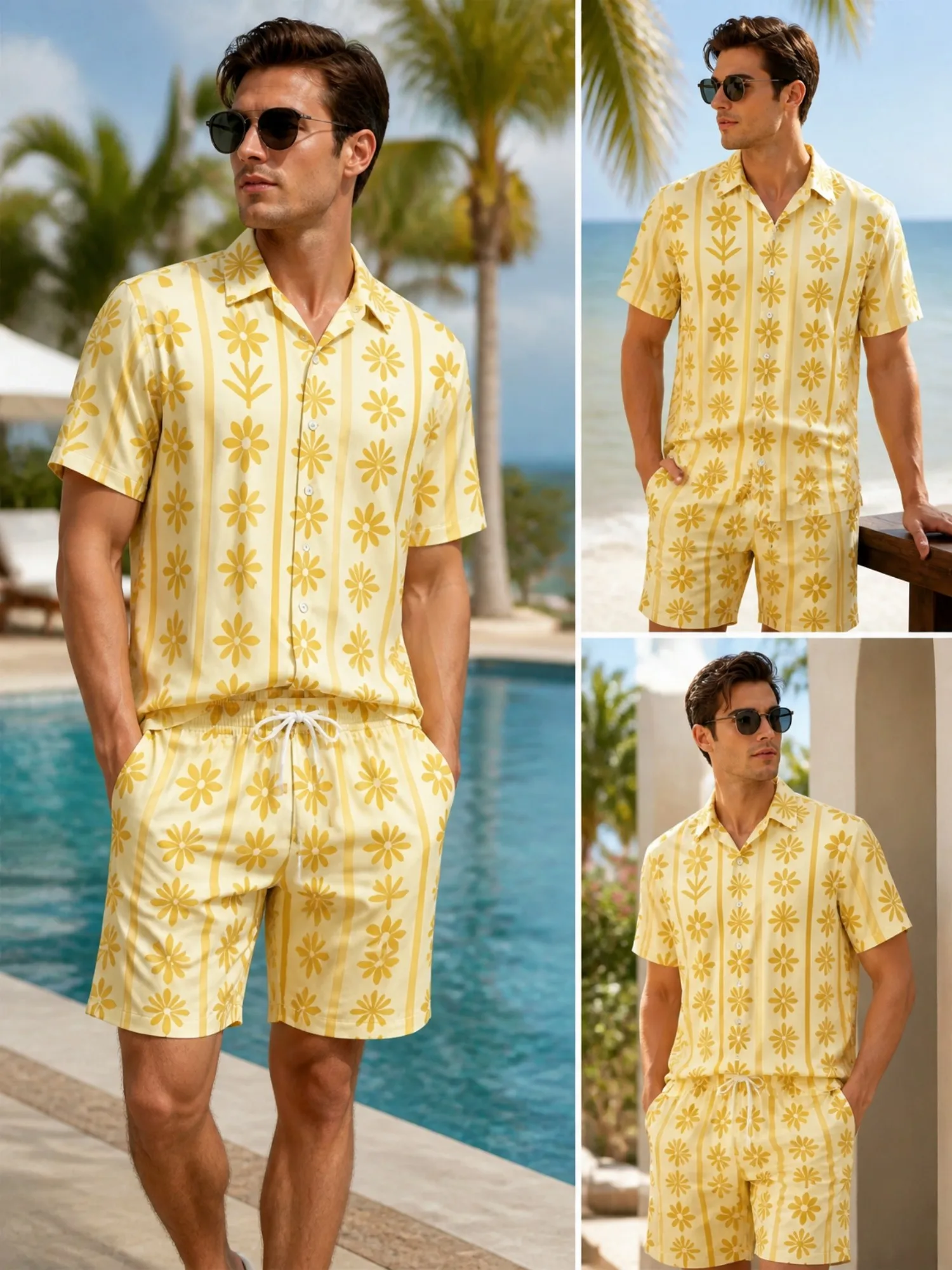 Mens Floral Short Sleeve Shirt and Drawstring Shorts Set Beach Vacation Casual Summer Two Piece Matching Beach Outfit Resortwear