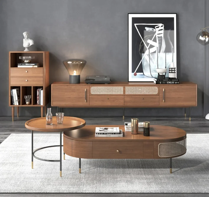 モダンなデザインのホーム天然木の装飾ファミリーロングテレビスタンドキャビネット