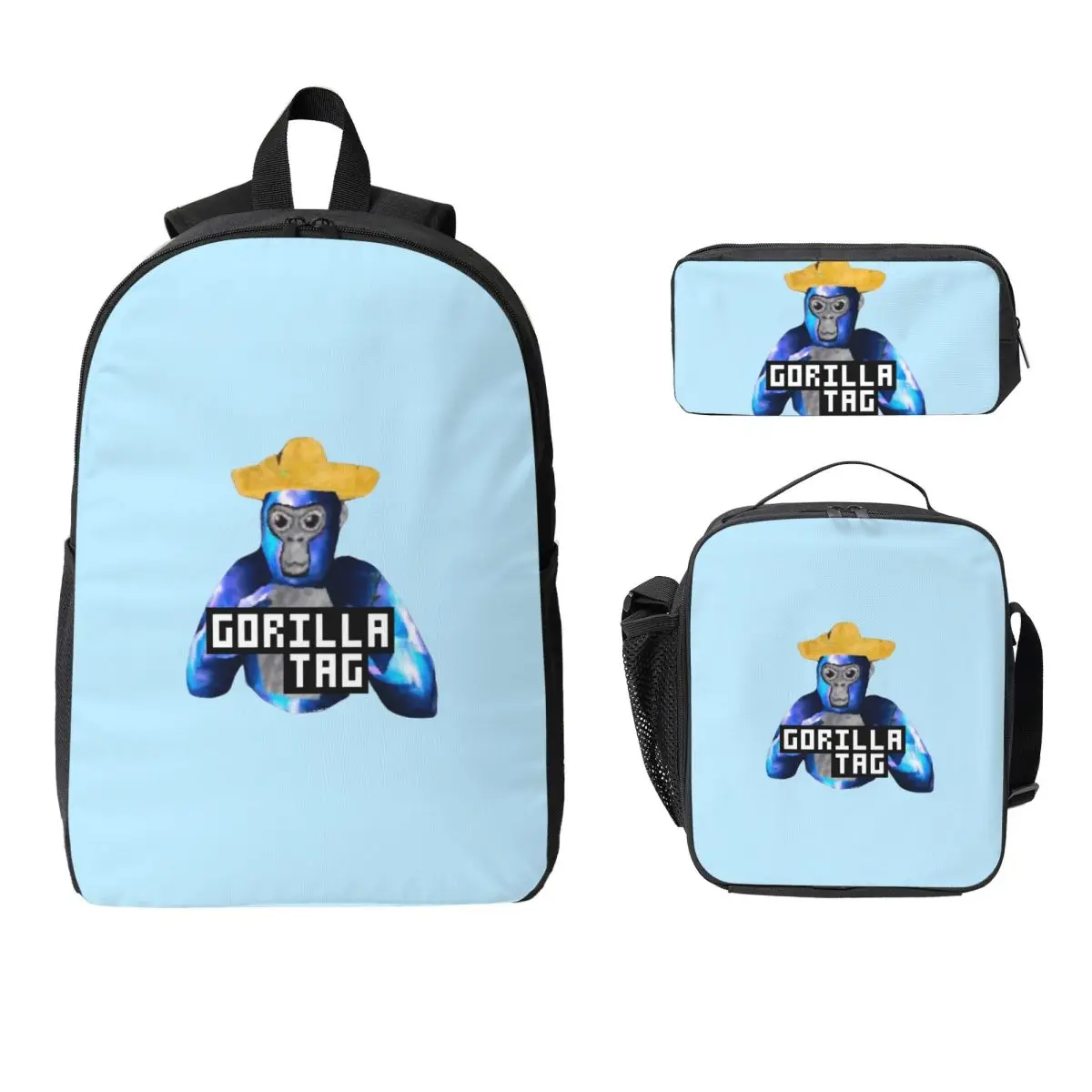 

Gorilla Tag Желтая шляпа Gorilla Tag Merch Рюкзак BookBag Школьная сумка Сумки на плечо для ноутбука 3 шт. Изолированная сумка для обеда Пенал