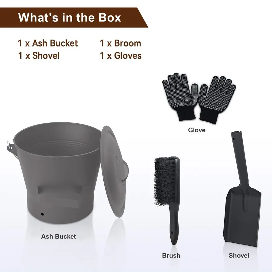 دلو رماد بغطاء، دلو رماد للمدفأة سعة 2.6 جالون مع مجرفة ومكنسة يدوية، دلو معدني للمدفأة، حفرة نار، حرق الخشب