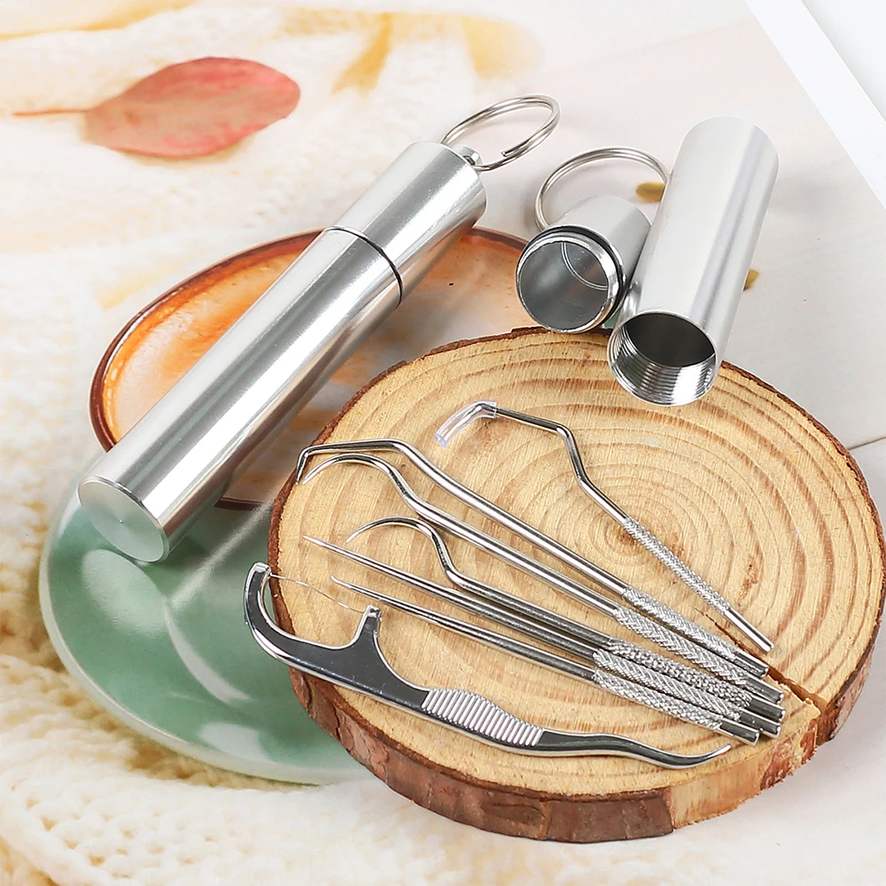 

7Pcs Stainless Steel Toothpicks Set Portable Reusable Dental Floss Tooth Cleaning Tool with Holder Dispenser Outdoor Traveling