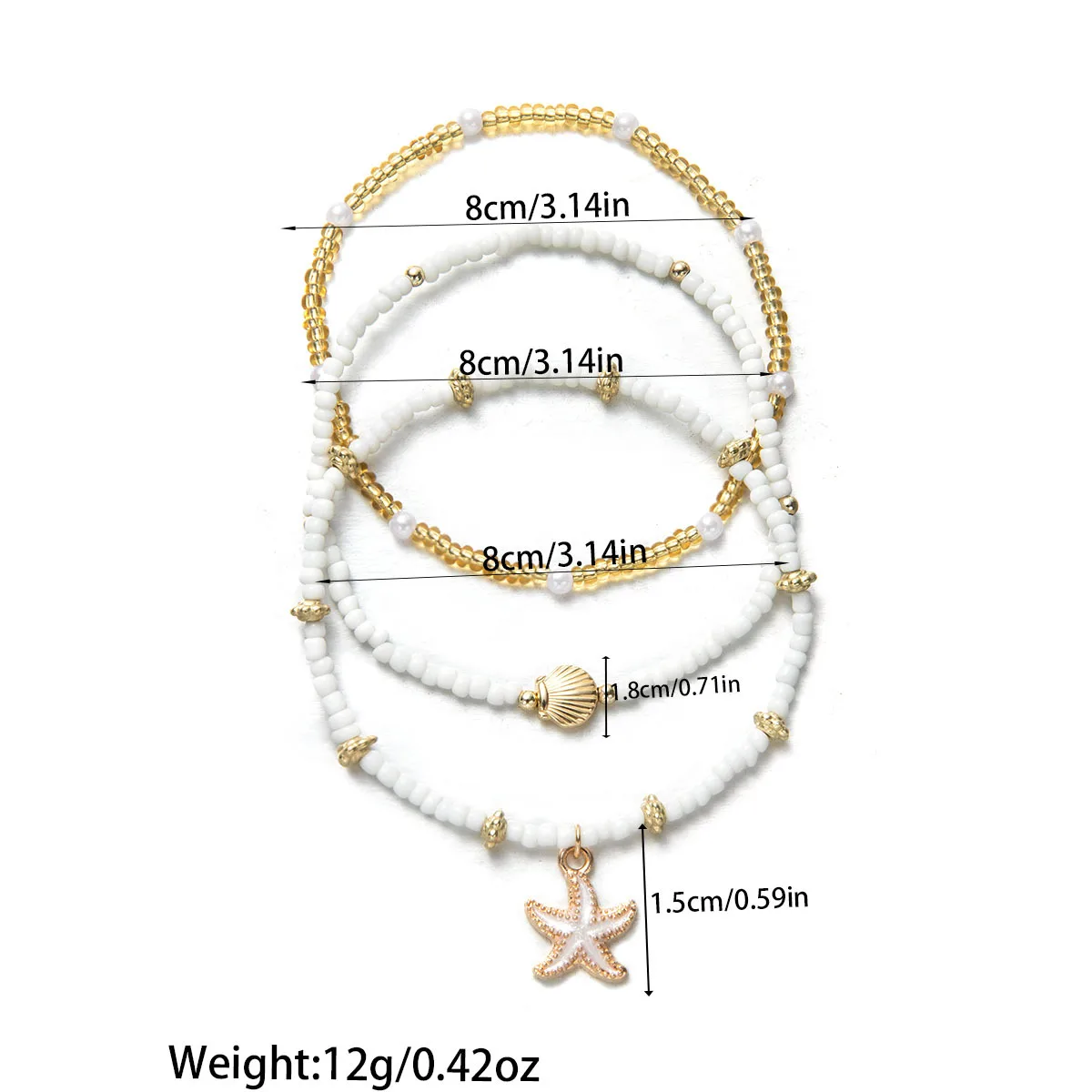 Summer Bohemian Style Three-Layer Ankle Chain Starfish Shell Millet Bead Elegant Beachy Foot Jewelry Accessory