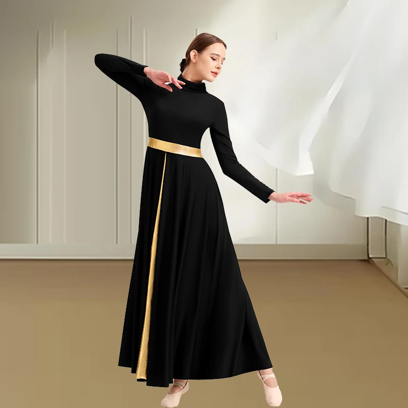 Robe de danse d'éloge à col haut pour femmes, ceinture métallique, longue balançoire, culte liturgique, Robe d'église, vêtements de danse lyrique
