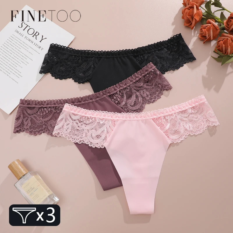 3Pcs Seamless Stretch Thongs Women Comfort Patchwork Lace Panties Female Low-Waist G-string High Quality Floral Soft Lingerie