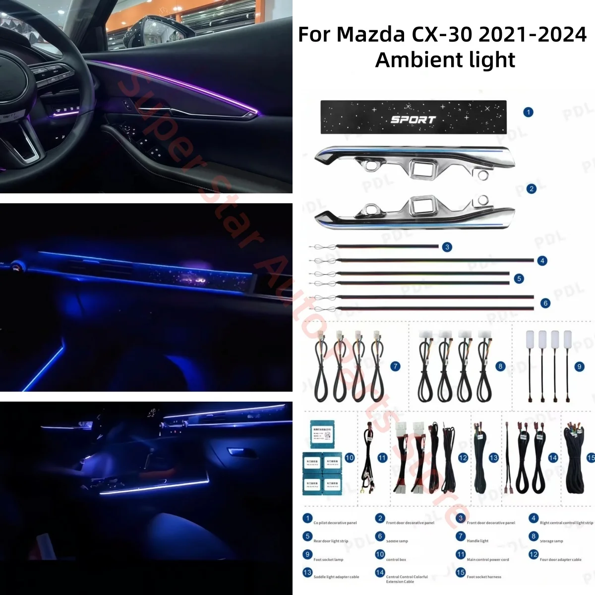 

For Mazda CX-30 2021-2024 LED Ambient light 64-color Door trim Interior Atmosphere modification Dashboard star panel APP control
