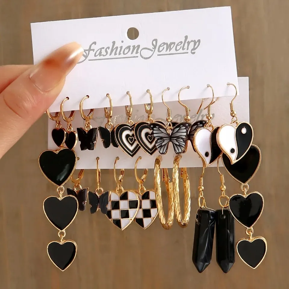 Conjunto de pendientes de corazón negro para mujer, tablero de ajedrez, amor de Tai Chi, pendiente de gota con temperamento, regalos de joyería 2024