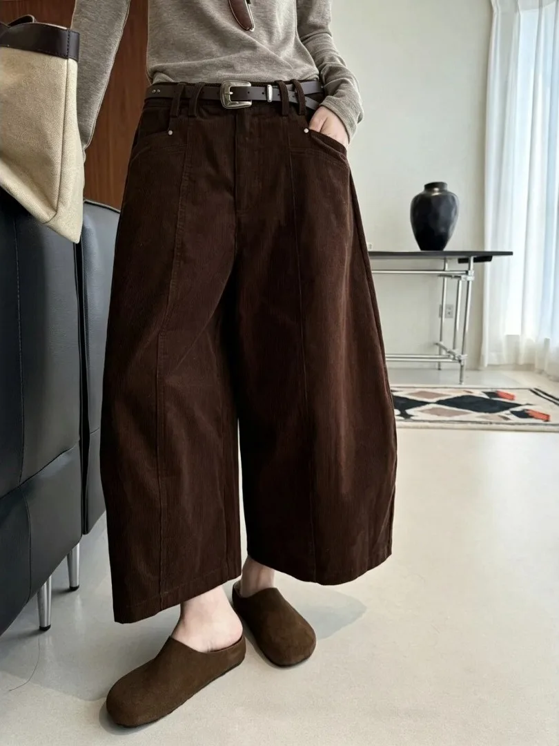 Authentic Vintage High Waist Corduroy Wide Leg Casual Pants Loose Slimming Style for Women Cotton Polyester Blend Fabric
