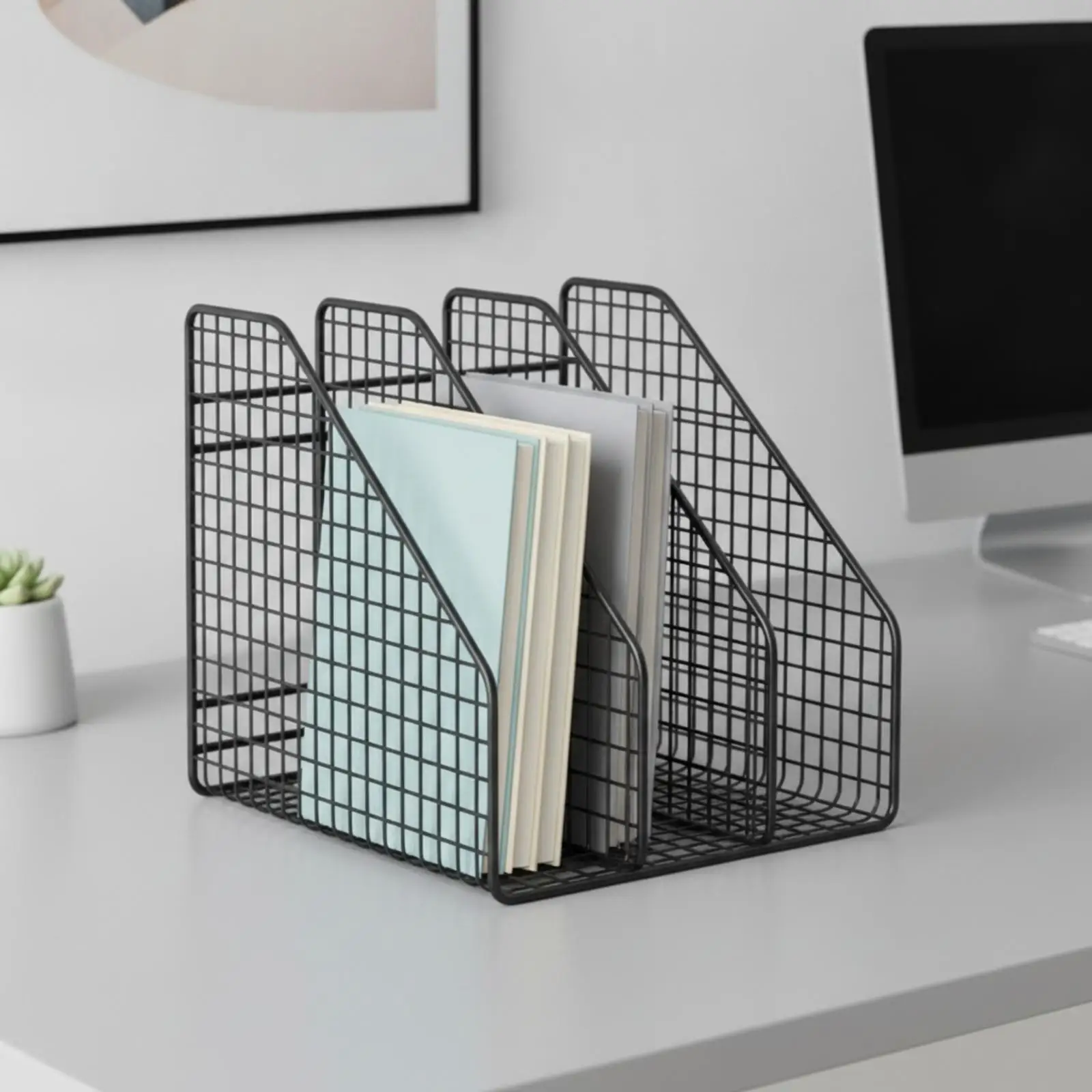 Space Saving Iron Office File Rack with 3 Vertical Slots Mesh Desktop Organizer for Folder Book Document