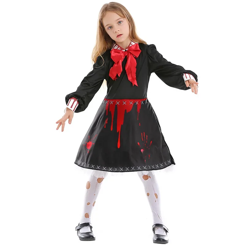 Halloween Scary Costumes Adult Kids Child Bloody Zombie Ghost Doll Costume Cosplay for Girls Women Gothic Dress