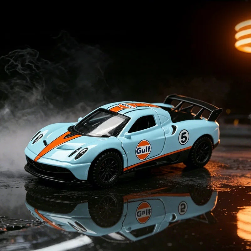1/32Modern Sports Coupe Alloy Diecast Replica, Light Blue & Orange Racing Stripe Vehicle Model, Static Collectible Craft with Op
