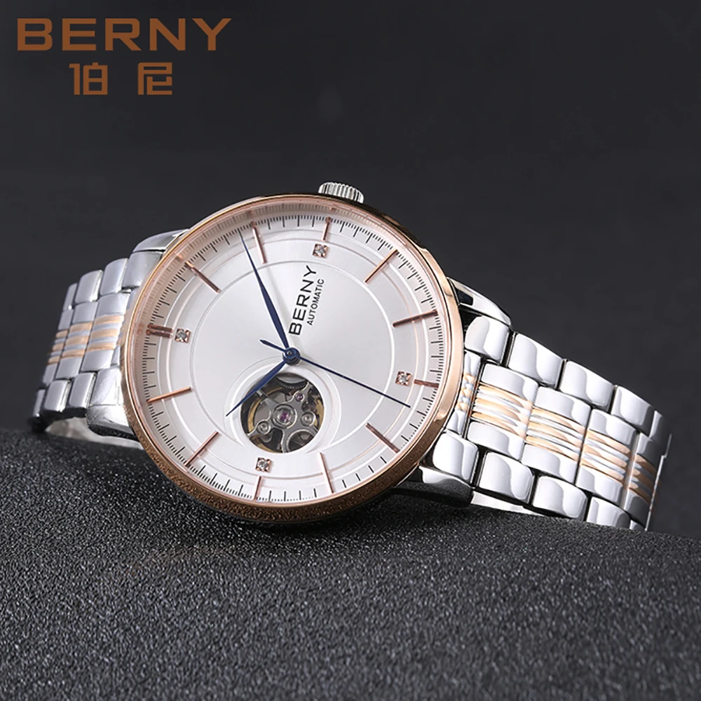 BERNY Men Mechanical Wristwatch Skeleton Luxury Sapphire BERNY NH38 Movt Dress Clock Exhibition Back Cover Automatic Watch for