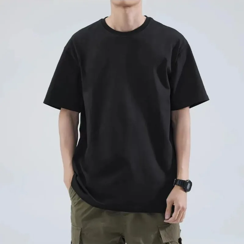 

American-style 240g Heavy Cotton Short-sleeved T-shirt for Men Round Neck Loose Versatile Pure White Pure Black Base Layer Men