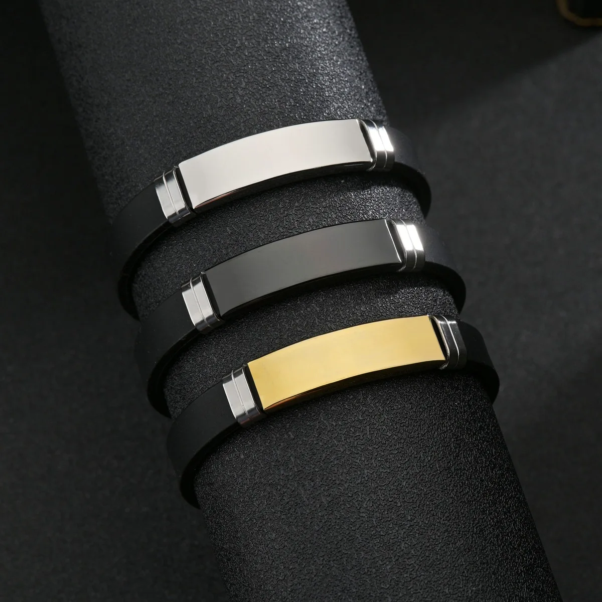 Stainless Steel Men's Wristband Black Silicone Punk Casual Bracelet Accessory Customized Son Daughter Father's Day Gift