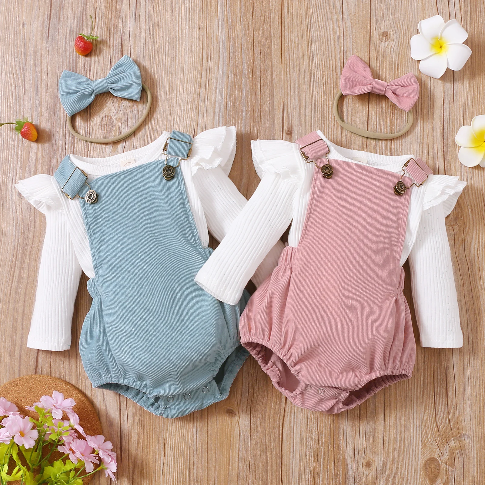 

PatPat 3pcs Baby Girl Solid Ribbed Ruffle Sleeve Top and Overall Shorts with Headband Set