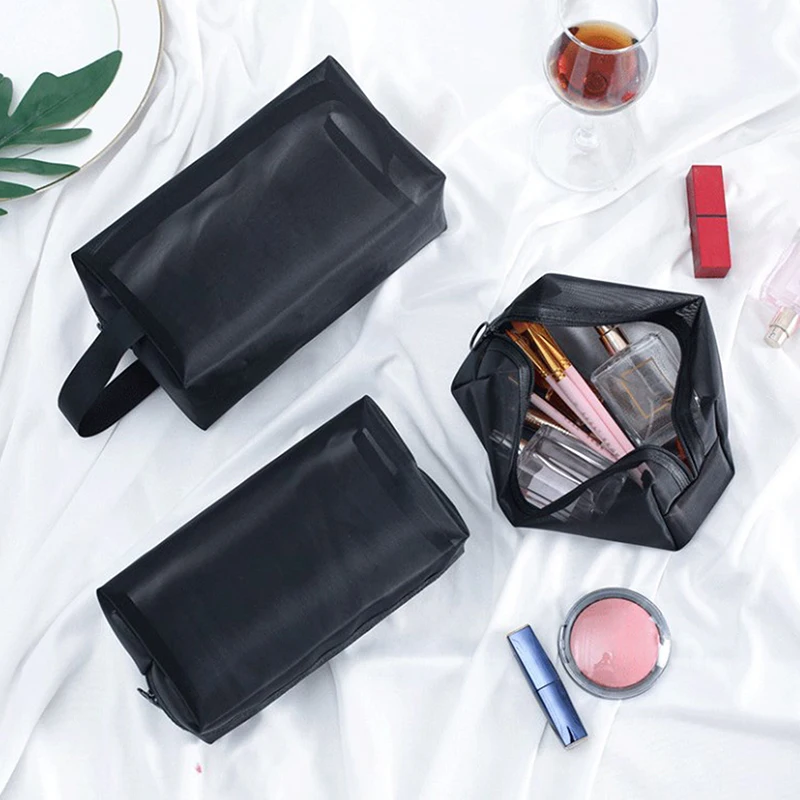 Nylon Black Mesh Cosmetic Bag Handbag Zipper Office Student Pen Bag Multifunctional Storage Bag Different Sizes