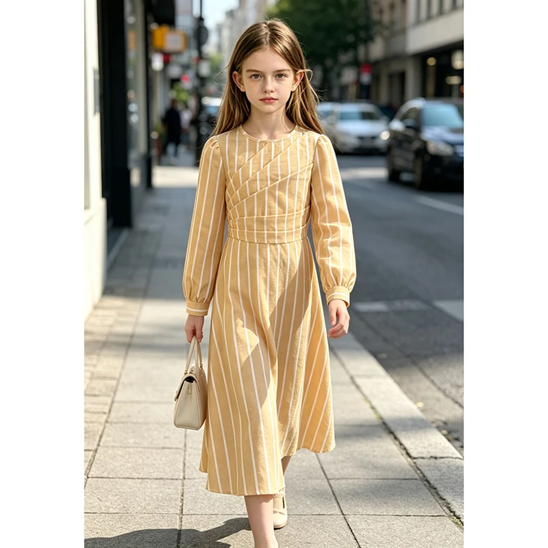 Kids 8-12 Fall Striped Dress, Round Neck Back Keyhole Detail Cuffed Sleeve Light Fabric Daily Girls Flared Midi Outfit