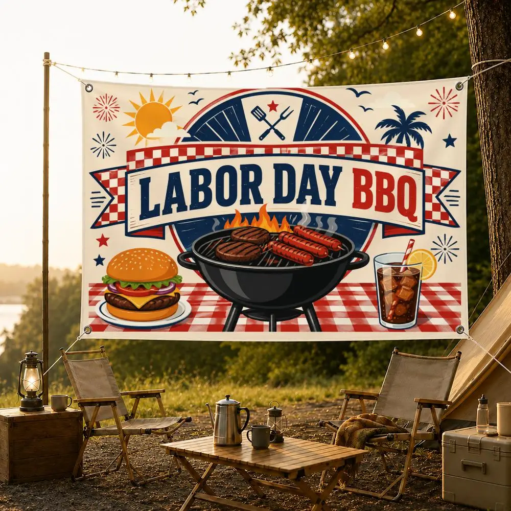 Festive Labor Day BBQ Illustration Flags Fade Resistant Flag Washable Lightweight HD Print Indoor Outdoor All-Weather