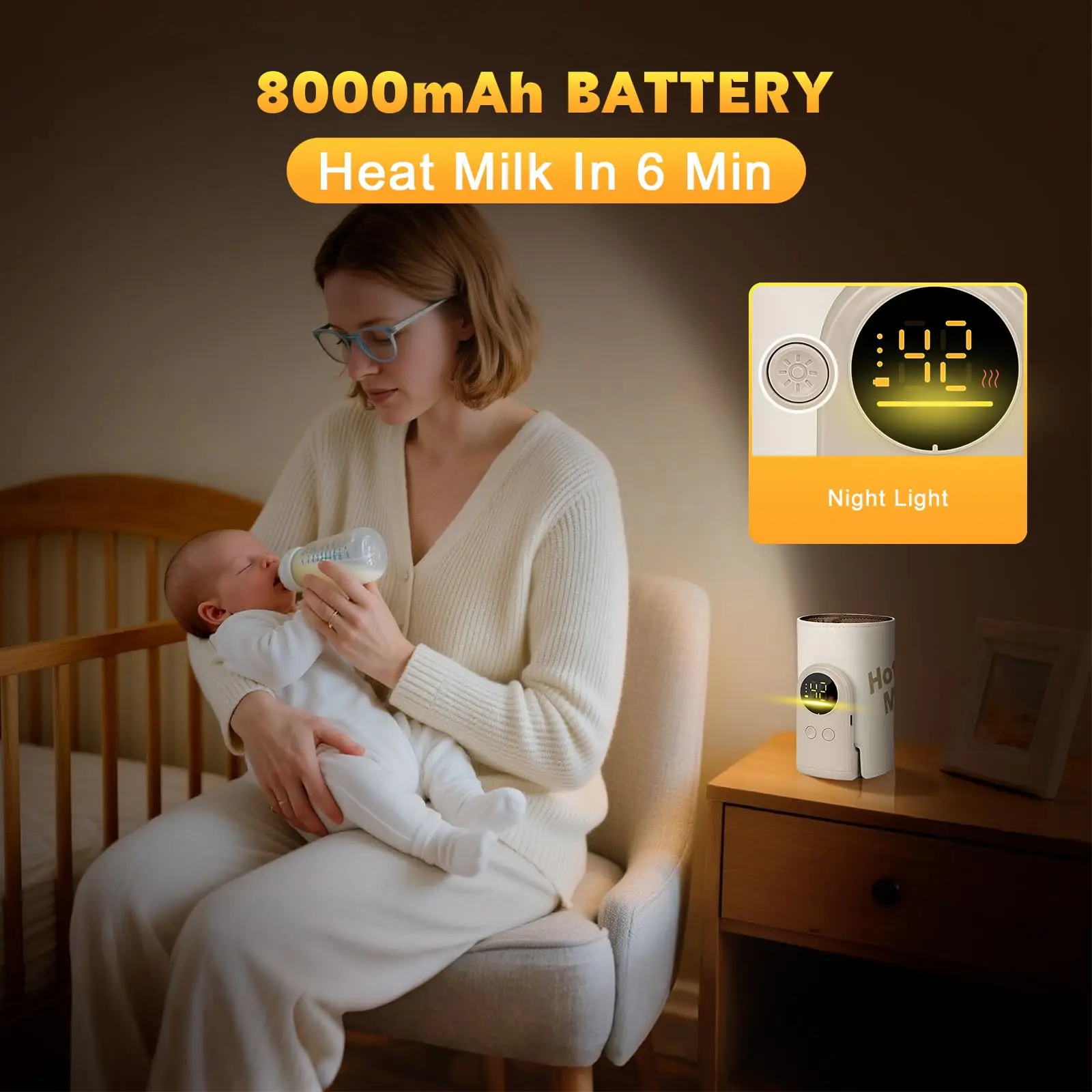Compact Wireless Bottle Warmer, Water-Free Milk Heater, Great for Middle-of-the-Night Feeds & Travel, with Night Light