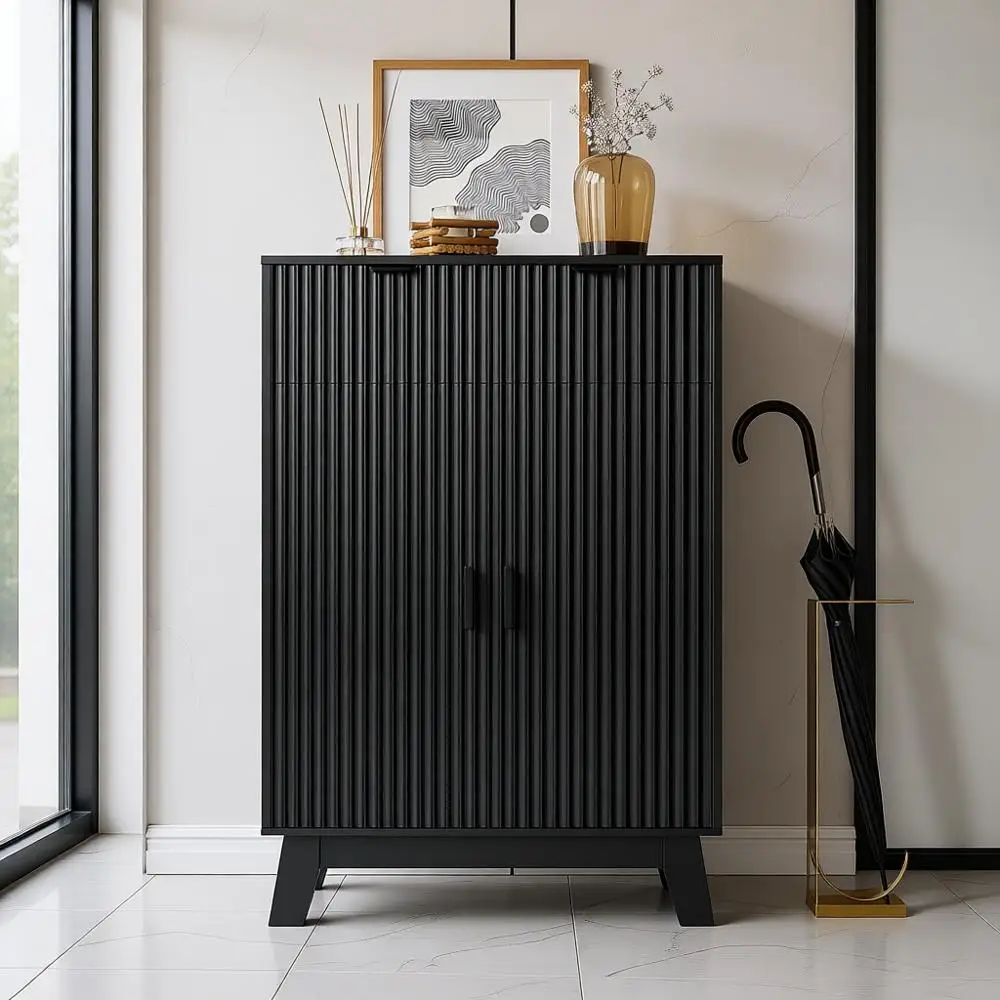 خزانة أحذية مكونة من 4 طبقات موفرة للمساحة مع درجين، ورف تخزين قابل للتعديل، مثالية للمدخل، والممر، باللون الأسود #1