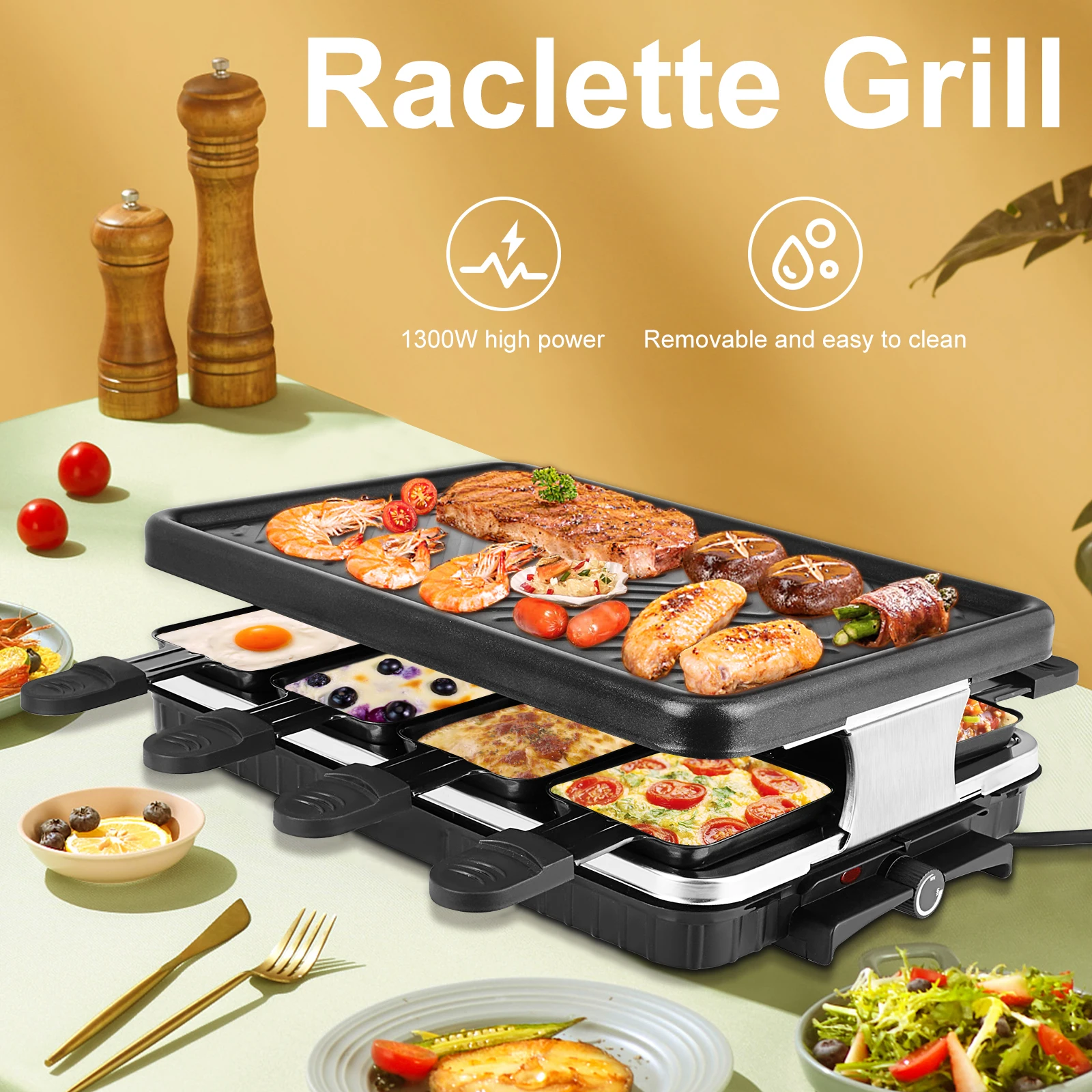 Parrilla de mesa Raclette de 1300W, barbacoa eléctrica coreana para 8 personas, superficie antiadherente extraíble, lavavajillas con Control de temperatura