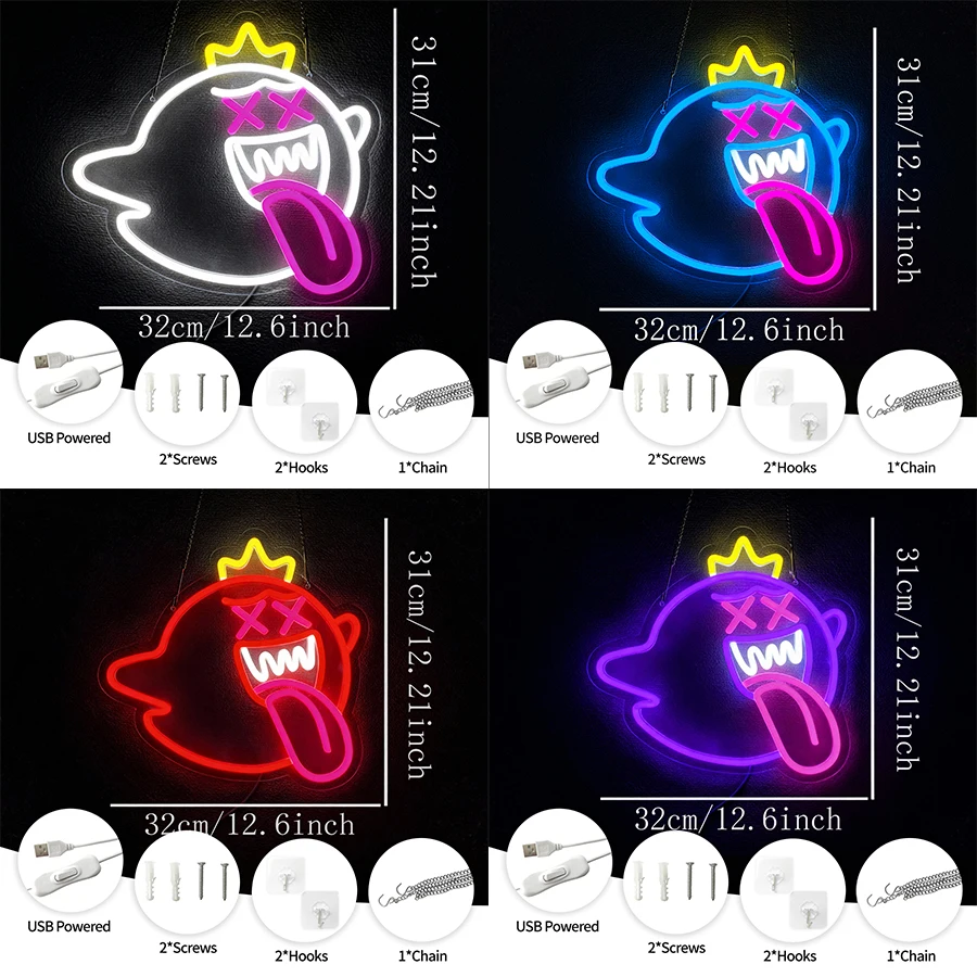 King Boo Led Neon Sign, Ghost Icon Used For Wall Decor, Game Room Men'S Cave Birthday Halloween Wall Lamp, Christmas Gift.