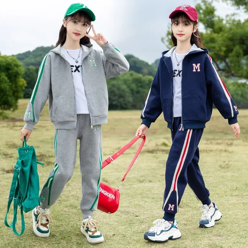 4-16YChildren's Sets Solid Color Fashion Letter Printing Sports Hooded Zipper Jacket Casual Pants Two Piece Set Girls