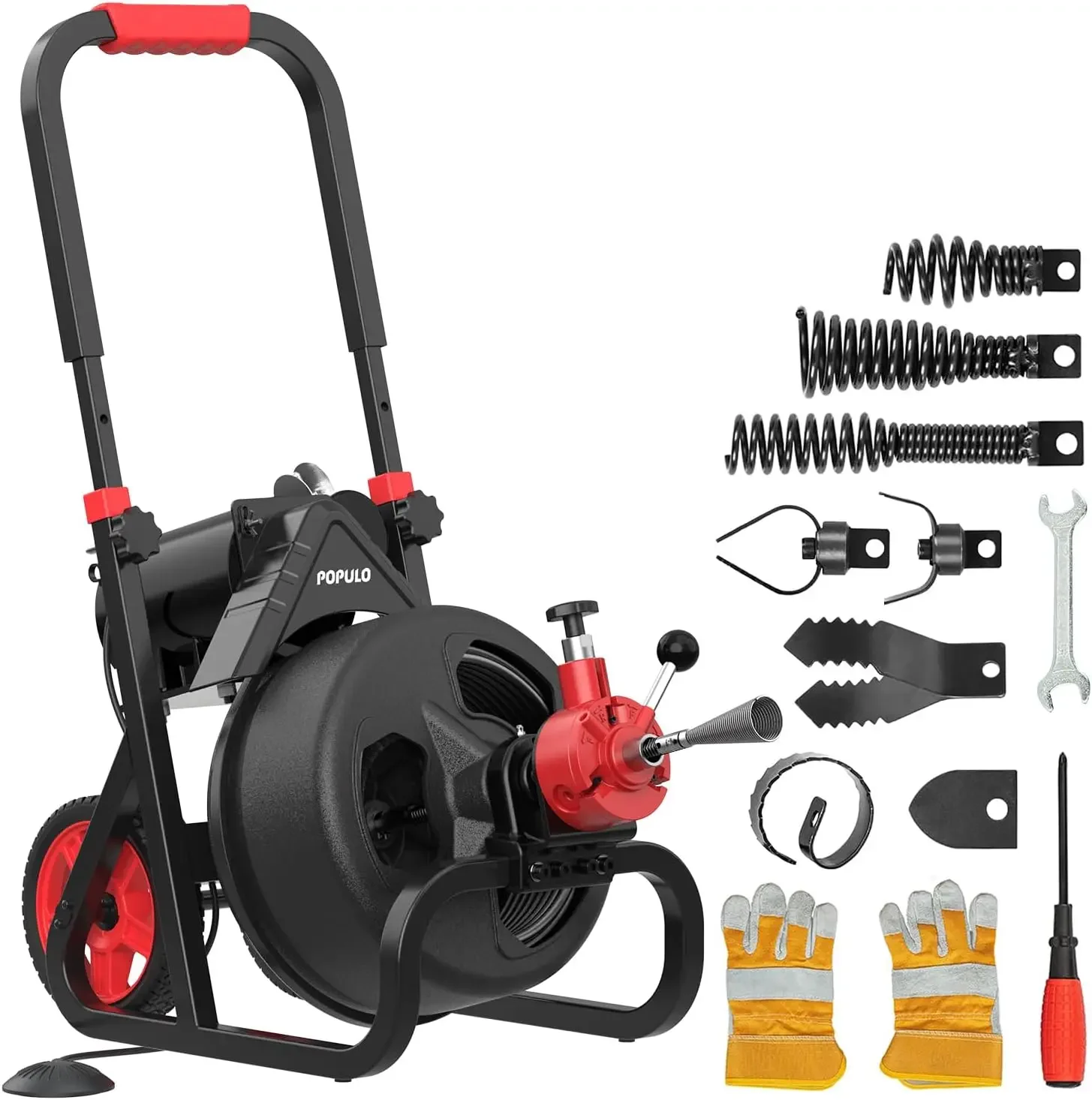 75 FT×1/2 Inch Electric Drain Snake With Mobile 8” Wheel,650W Drain Auger Includes 8 Cutters Suitable For 2-4”