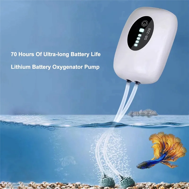 Aquarium Air Pump USB Rechargeable Oxygen Pump Fish Tank Bubbler High Capacity 4800MAh Lithium Battery, Double Vent Hole